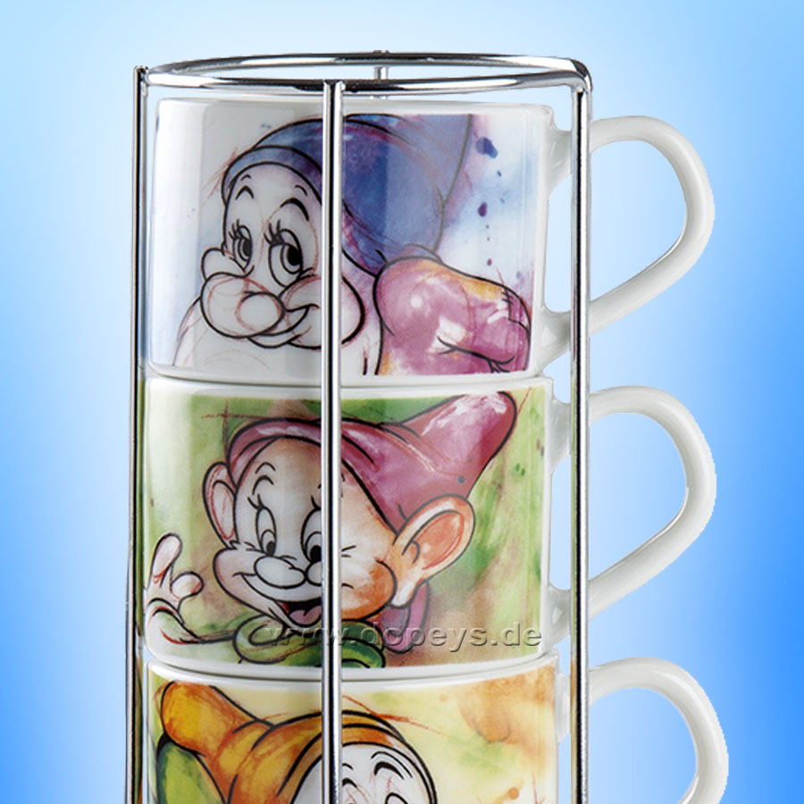 Disney Espresso Tassen 4er Set "Die sieben Zwerge" stapelbar + Metallgestell im italienischen Design 133002