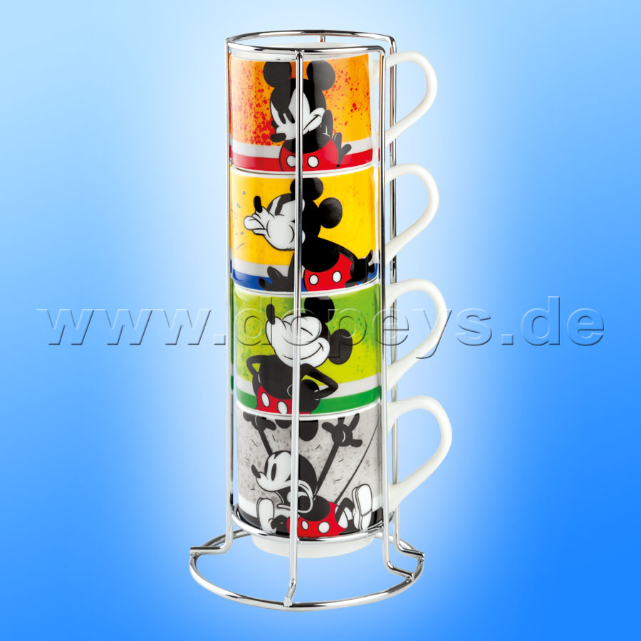 Disney Mini Tassen / Espresso Tassen "Mickey I Am" stapelbar 4er Set + Metallgestell, im italienischen Design PWM02I-4AM, 35cl