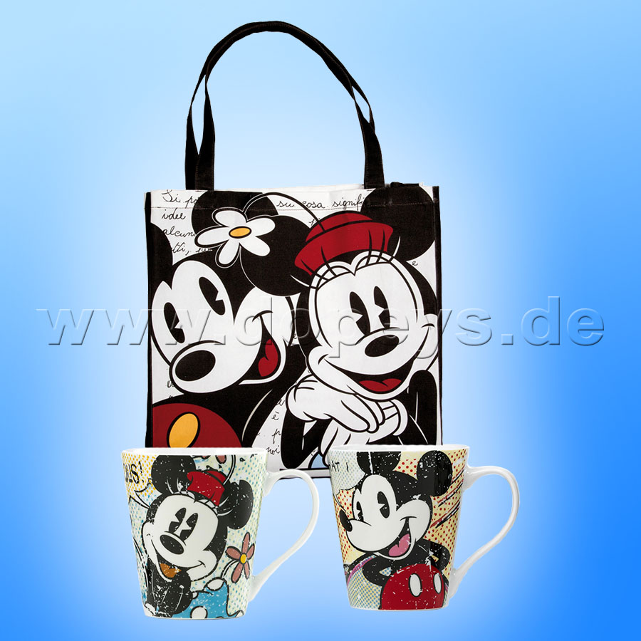 Disney Geschenkset 2 Kaffeetassen + Einkaufstasche Mickey & Minnie vintage im italienischen Design