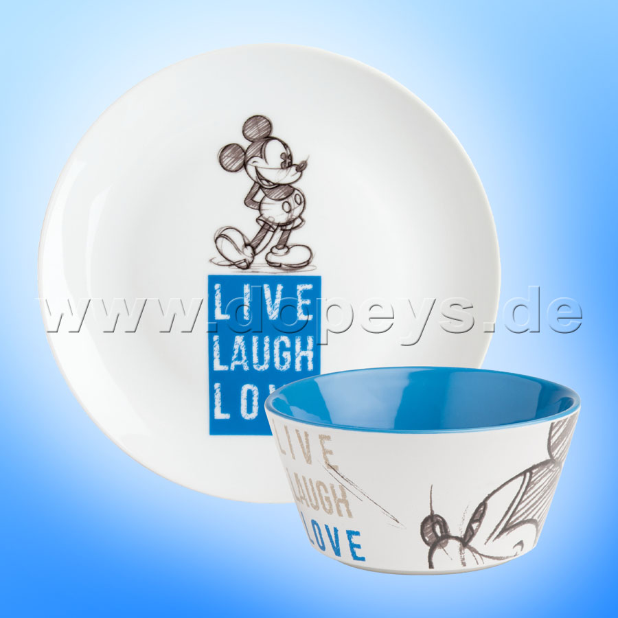 Disney Geschenkset Mickey Frühstücksteller / Dessert-Teller + Müslischale "Blau" Live Laugh Love PWMSETLL-3