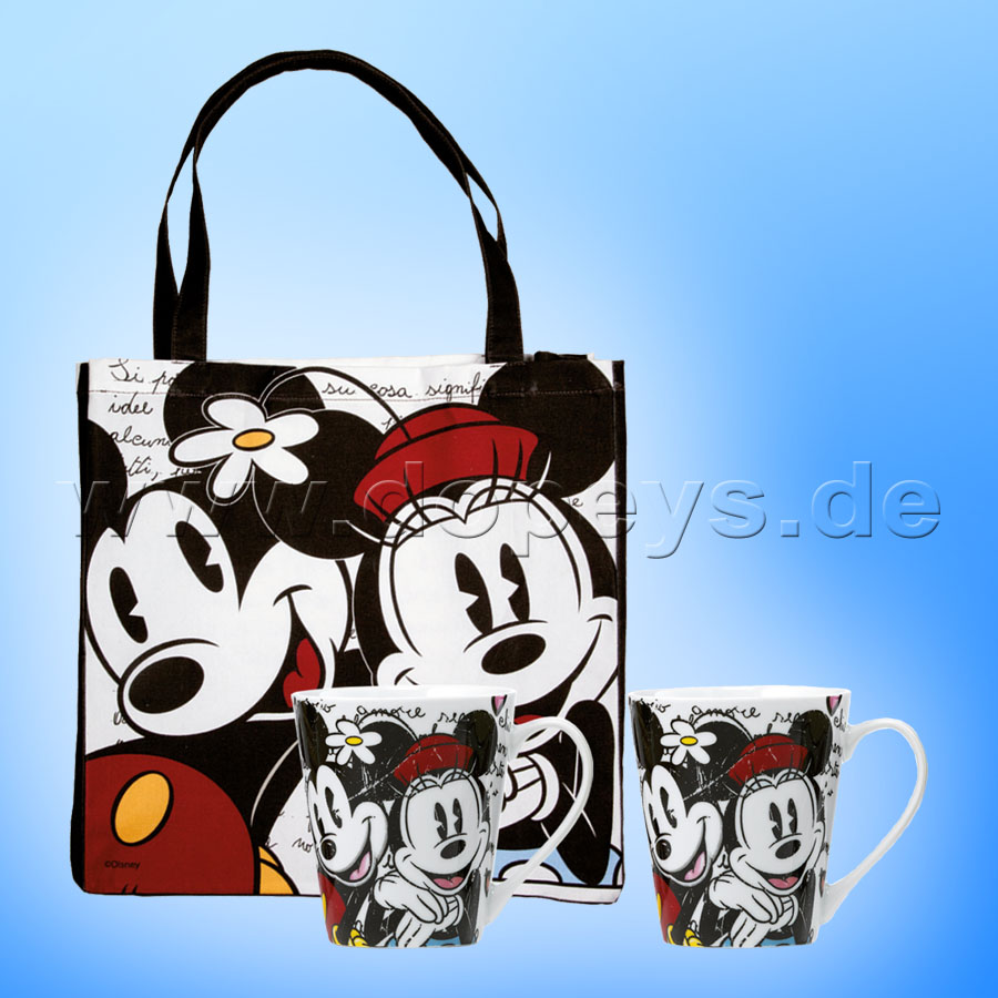 Disney Geschenkset 2 Kaffeetassen + Einkaufstasche Mickey & Minnie Maus im italienischen Design