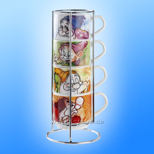 Disney Espresso Tassen 4er Set "Die sieben Zwerge" stapelbar + Metallgestell im italienischen Design 133002