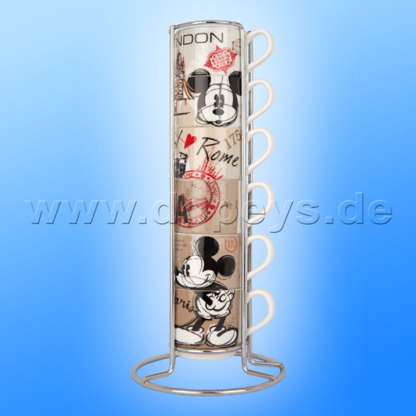 Disney Espresso Tassen 6er Set Mickey & Minnie stapelbar + Metallgestell Coffee In The City im italienischen Design