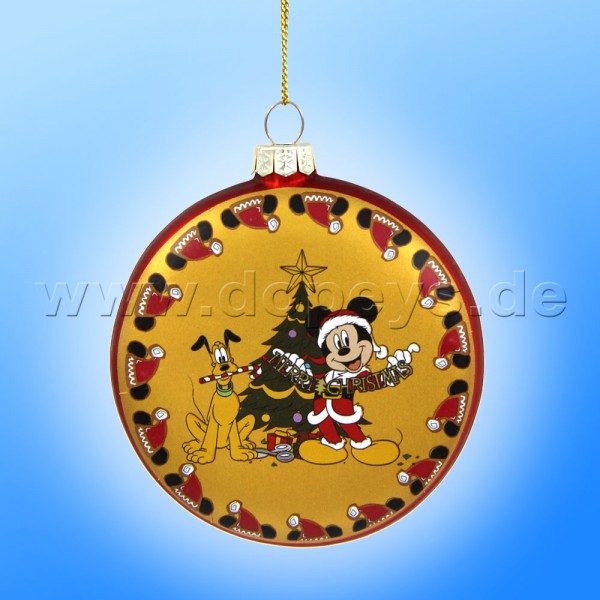 Kurt S. Adler - Disney "Mickey & Pluto" Glas Disk Weihnachtsbaumkugel in Diskusform / Glasornament in Gold, 80 mm DN37015