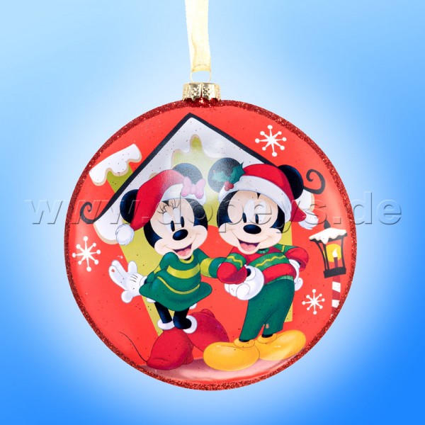 Kurt S. Adler - Disney "Mickey & Minnie's Weihnachtshaus" Glas Disk Weihnachtsbaumkugel in Diskusform / Glasornament in Rot DN02004-B