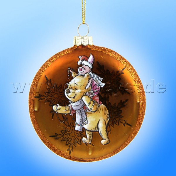Kurt S. Adler - Disney "Pooh & Ferkel mit Lichterkette" Glas Disk Weihnachtsbaumkugel in Diskusform / Glasornament in Honigfarben, 80 mm DN35017