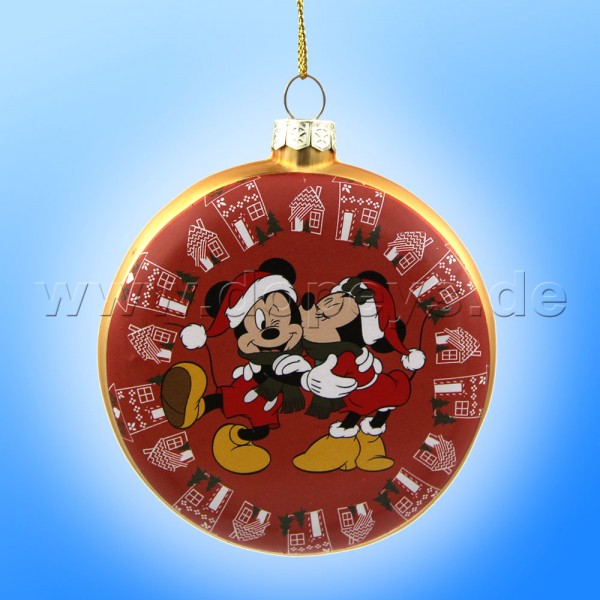 Kurt S. Adler - Disney "Mickey & Minnie" Glas Disk Weihnachtsbaumkugel in Diskusform / Glasornament in Rot, 80 mm DN37016